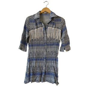 Fabrizio Size M Fringe Studded Blouse Shirt‎ Top Floral Stripe Boho Button Up